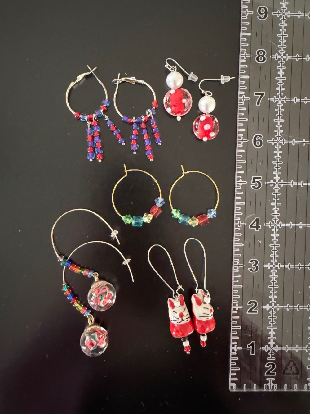 Earrings Group Of 5 Red Colors Dangle And Hoop Silver And Gold Tone